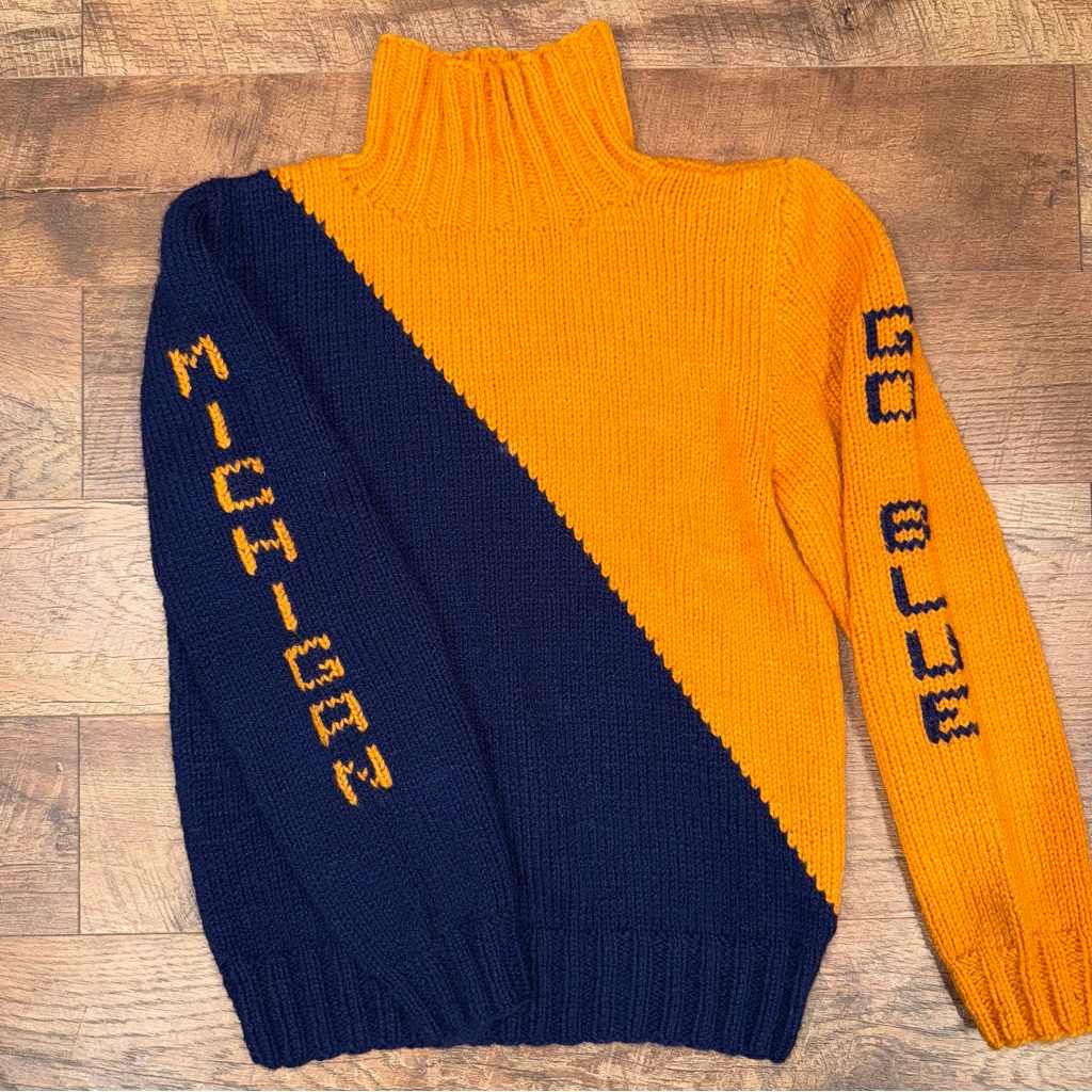 Rare Vintage 1950s University Of Michigan Colorblock Navy & Yellow Cheer Sweater